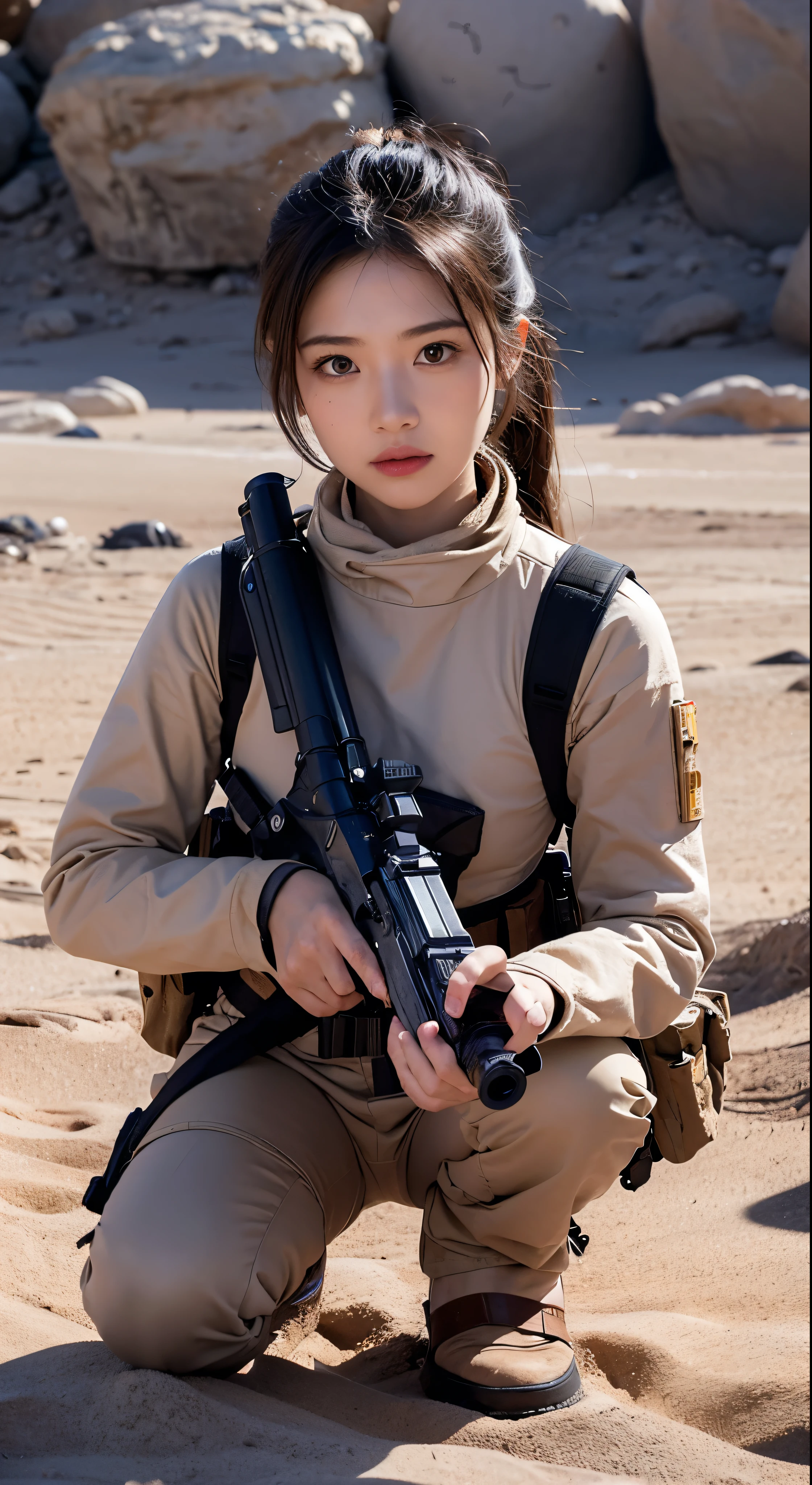with high definition images，8k resolution、Highest quality、masterpiece:1.2、Realistic、フォトRealistic:1.37、Super detailed、Highest quality、Ultra-high resolution、Professional Lighting、Photon Mapping、Good composition、Facial details:1.2、35mm lens:1.25、(Tusken Raider)+、Desert Planet、Sand Wind、Crouched down behind a rock、Shoot right with blaster rifle，Shooting in yellow body armor