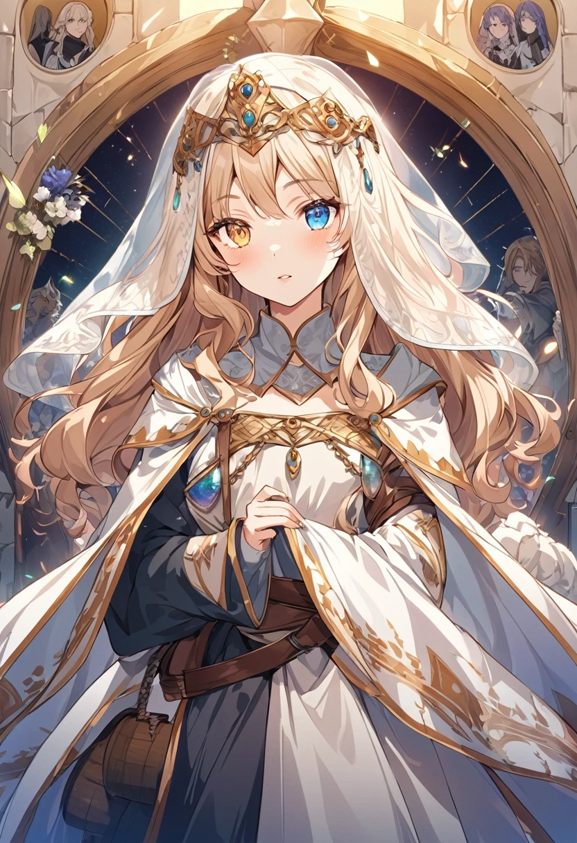 sakimiChanStyle, Urop Style, Portraiture, Detailed painted face, Beautiful woman, Fuller lips, Opaque Veil, Medieval Veil, Head rail, 12th century, Eyes with heterochromia, Rainbow Eyes, Medieval costume, Brot, Lord of the Rings Gown, Near perfect, Beautiful anime style, Character Panorama, Beautiful and detailed face, Shining Shadow, Beautiful gradation, Depth of written boundary, Beautiful graphics, high quality, Attention to detail, High resolution, Luminous Studio Graphics Engine