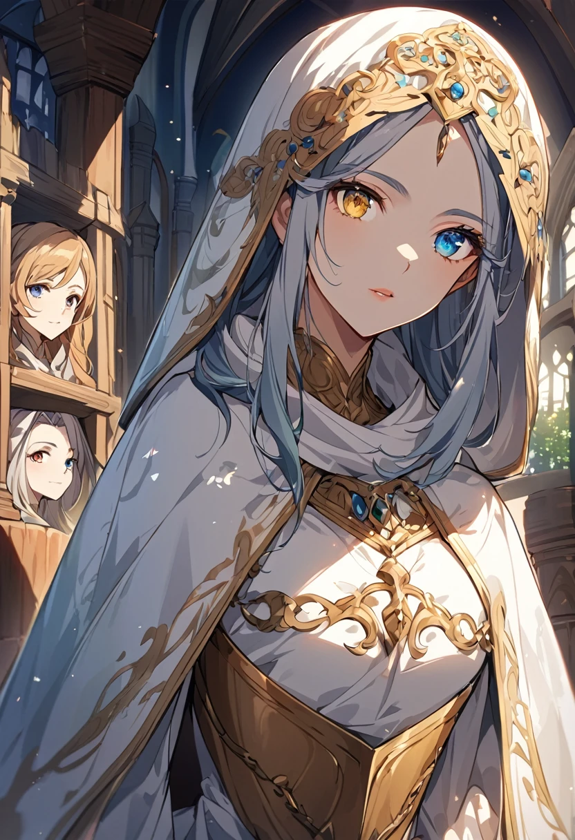 sakimiChanStyle, Urop Style, Portraiture, Detailed painted face, Beautiful woman, Fuller lips, Opaque Veil, Medieval Veil, Head rail, 12th century, Eyes with heterochromia, Rainbow Eyes, Medieval costume, Brot, Lord of the Rings Gown, Near perfect, Beautiful anime style, Character Panorama, Beautiful and detailed face, Shining Shadow, Beautiful gradation, Depth of written boundary, Beautiful graphics, high quality, Attention to detail, High resolution, Luminous Studio Graphics Engine