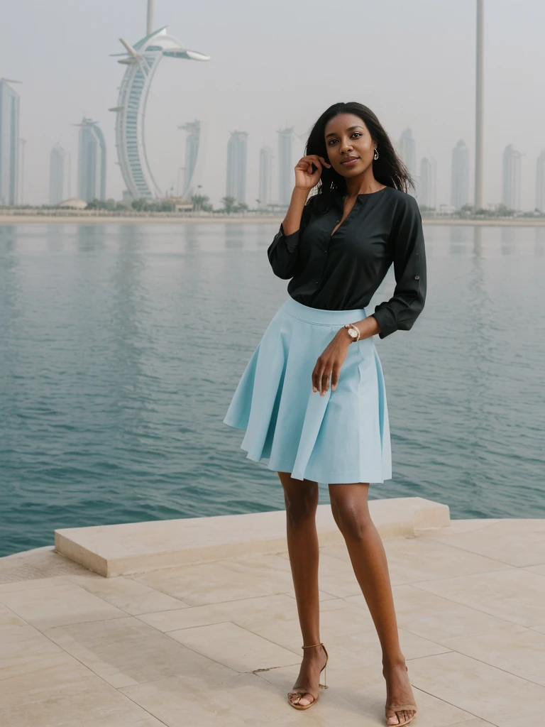 Zainab, 1girl, solo, ((Sudanese woman)), consistent face and body, ((MILF)), ((50 years old)), (mature), ((slim)), ((Sudanese face)), (Sudanese nose), (Sudanese lips), upper body and upper legs, (background: The Palm Jumeirah in Dubai), BREAK, (wearing stylish Generation Z modern wear and skirt)