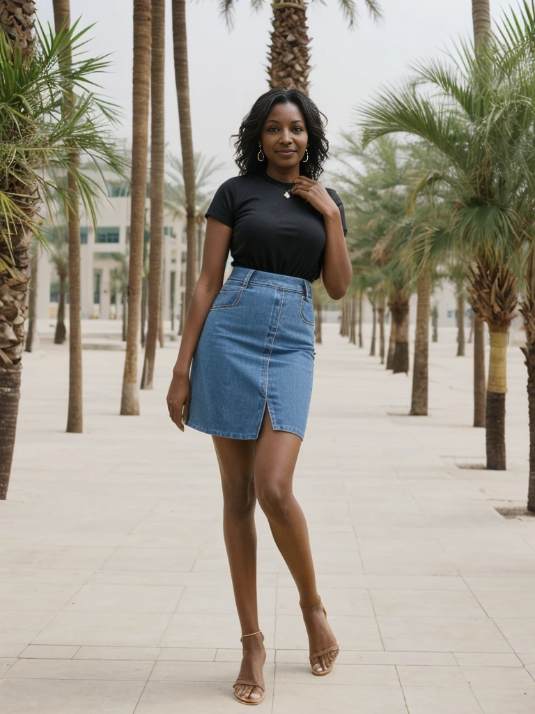 Zainab, 1girl, solo, ((Sudanese woman)), consistent face and body, (()), ((50 years old)), (matu(slim)), ((Sudanese face)), (Sudanese nose), (Sudanese lips), upper body and upper legs, (background: The Palm Jumeirah in Dubai), BREAK, (wearing stylish Generation Z modern wear and skirt)