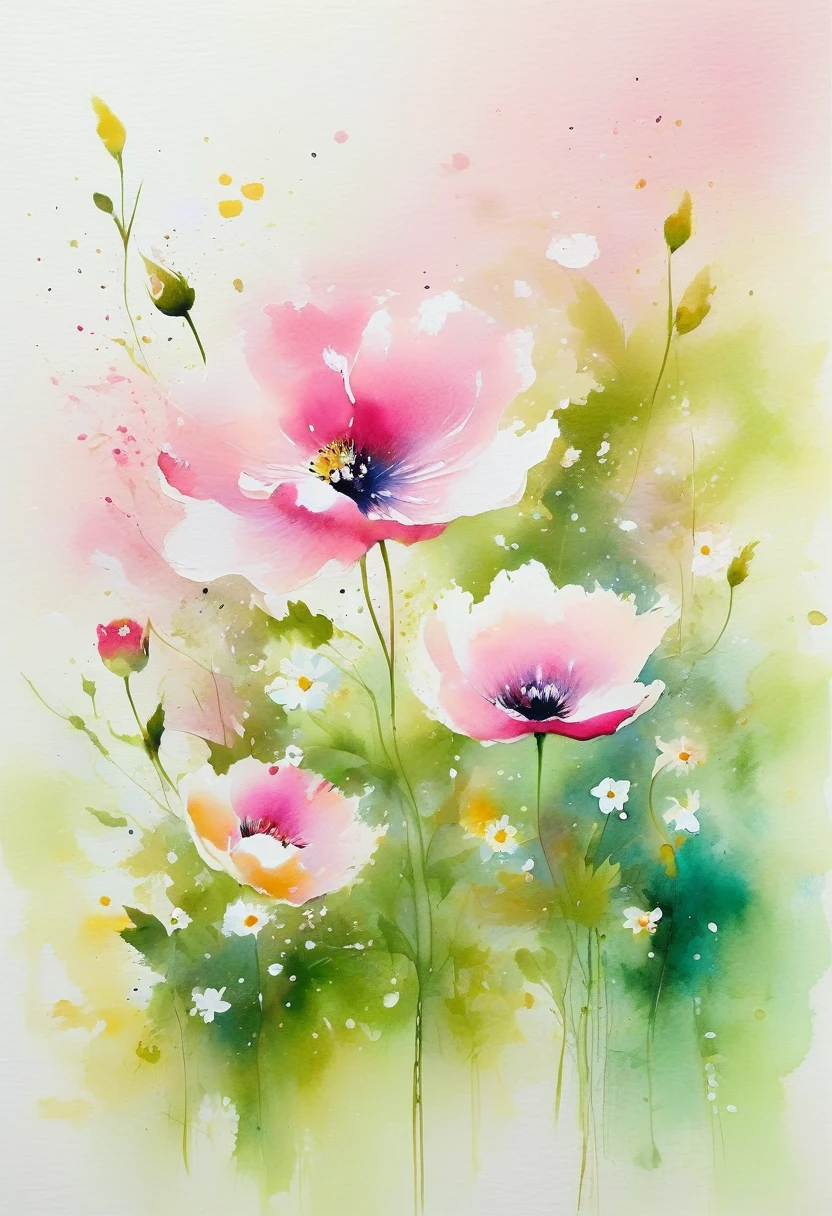 This watercolor floral painting presents an elegant and fresh visual effect。Wildflowers in the fields,The perfect combination of nature and romance。The screen is mainly white background,Highlight isolated watercolor flowers。Splash-proof technology reproduces wet environments,The atmosphere is hazy and dreamy。The unique composition and abstract expression add to the artistic feel of the picture.,Contains surrealist elements。The overall color tone is mainly light colors,Light pink and green complement each other,Display high-resolution details。The ink splashing effect adds a touch of agility to the picture,Low saturation,The light color gives the flowers a deep and restrained beauty.。