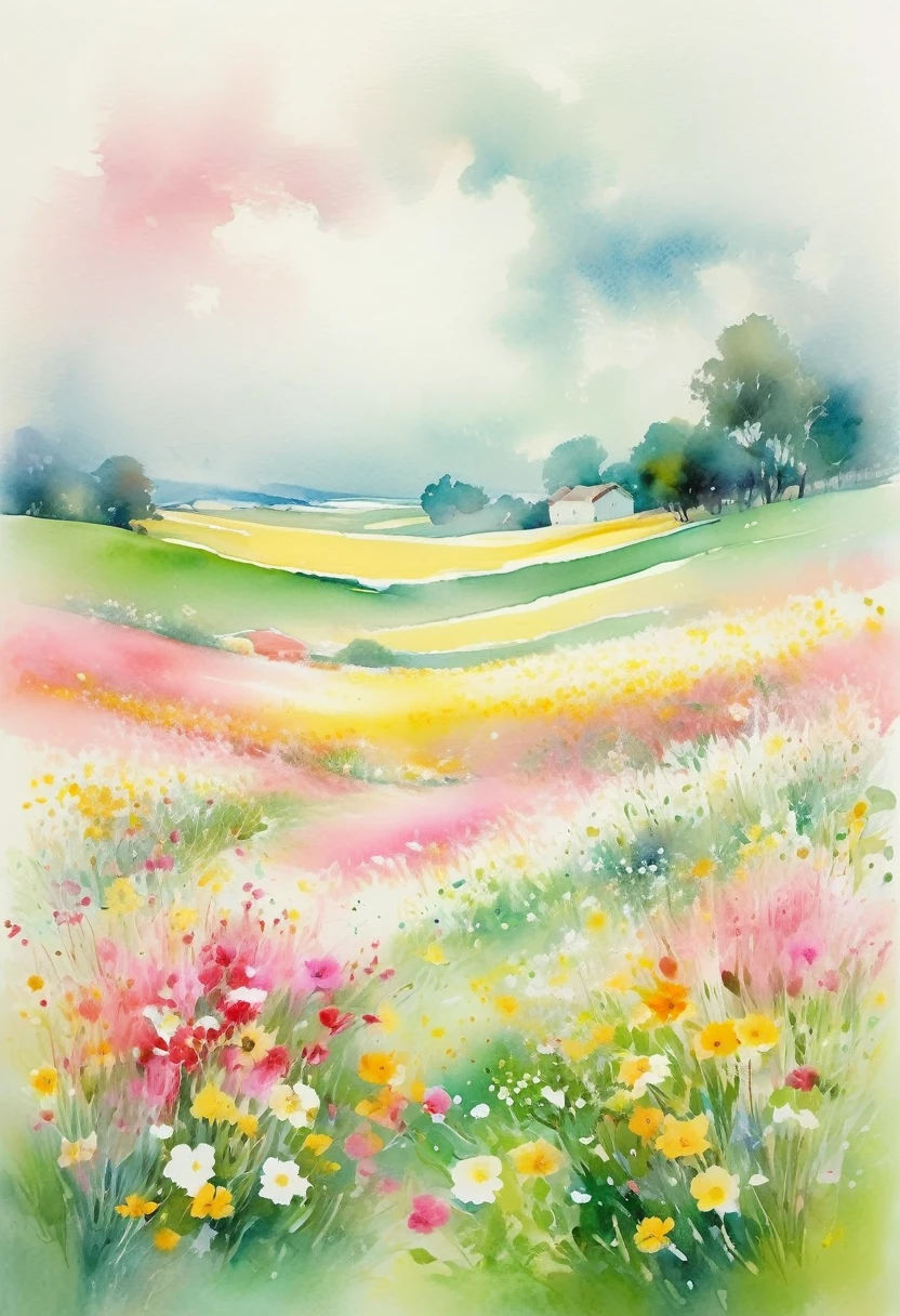 This watercolor floral painting presents an elegant and fresh visual effect。Wildflowers in the fields，The perfect combination of nature and romance。The screen is mainly white background，Highlight isolated watercolor flowers。Splash-proof technology reproduces wet environments，The atmosphere is hazy and dreamy。The unique composition and abstract expression add to the artistic feel of the picture.，Contains surrealist elements。The overall color tone is mainly light colors，Light pink and green complement each other，Display high-resolution details。The ink splashing effect adds a touch of agility to the picture，Low saturation，The light color gives the flowers a deep and restrained beauty.。