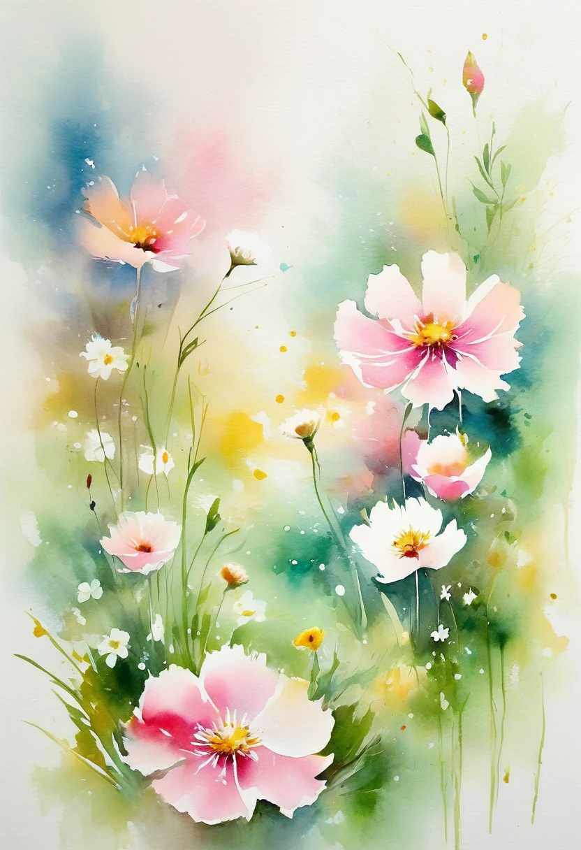 This watercolor floral painting presents an elegant and fresh visual effect。Wildflowers in the fields,The perfect combination of nature and romance。The screen is mainly white background,Highlight isolated watercolor flowers。Splash-proof technology reproduces wet environments,The atmosphere is hazy and dreamy。The unique composition and abstract expression add to the artistic feel of the picture.,Contains surrealist elements。The overall color tone is mainly light colors,Light pink and green complement each other,Display high-resolution details。The ink splashing effect adds a touch of agility to the picture,Low saturation,The light color gives the flowers a deep and restrained beauty.。