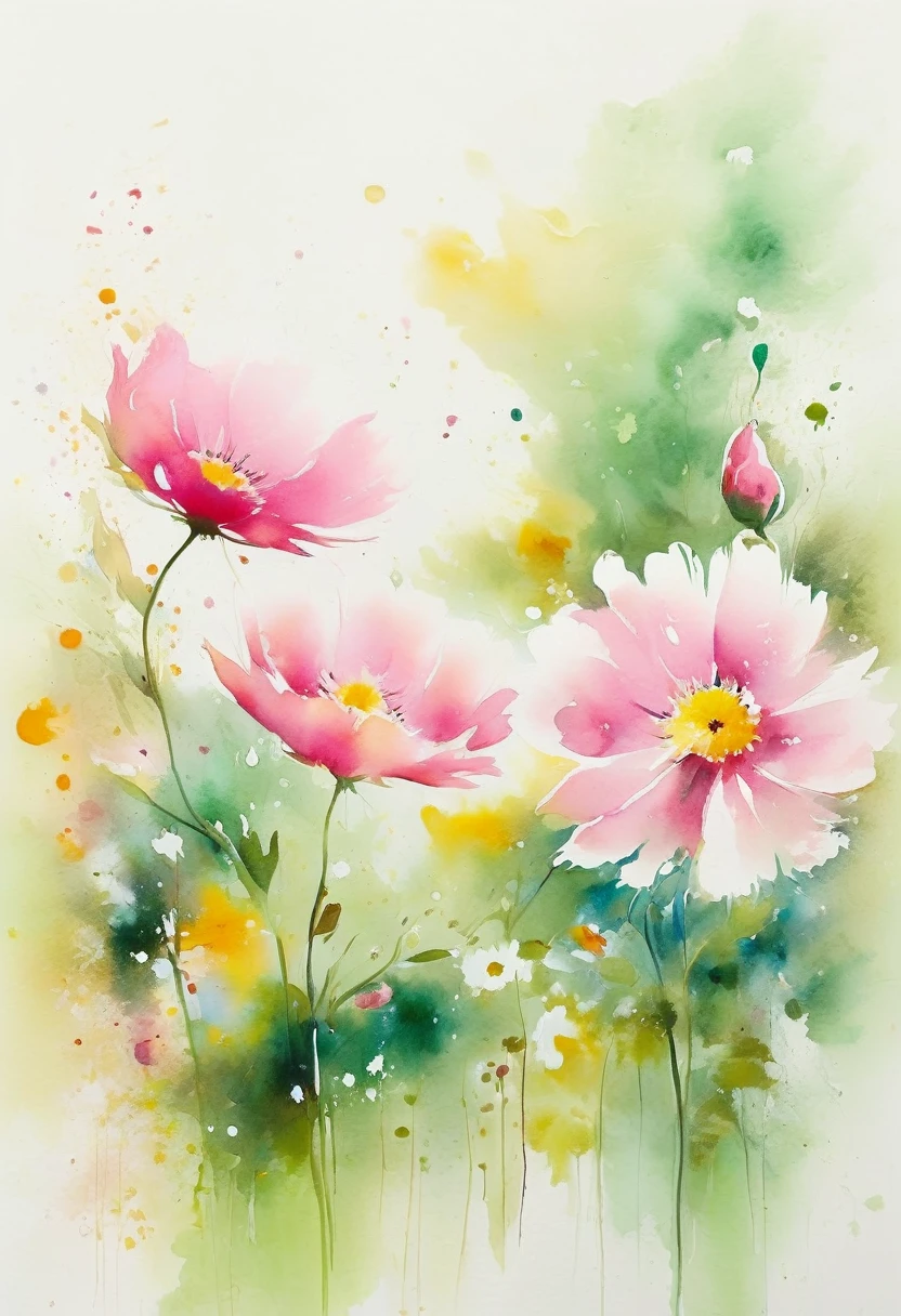 This watercolor floral painting presents an elegant and fresh visual effect。Wildflowers in the fields，The perfect combination of nature and romance。The screen is mainly white background，Highlight isolated watercolor flowers。Splash-proof technology reproduces wet environments，The atmosphere is hazy and dreamy。The unique composition and abstract expression add to the artistic feel of the picture.，Contains surrealist elements。The overall color tone is mainly light colors，Light pink and green complement each other，Display high-resolution details。The ink splashing effect adds a touch of agility to the picture，Low saturation，The light color gives the flowers a deep and restrained beauty.。