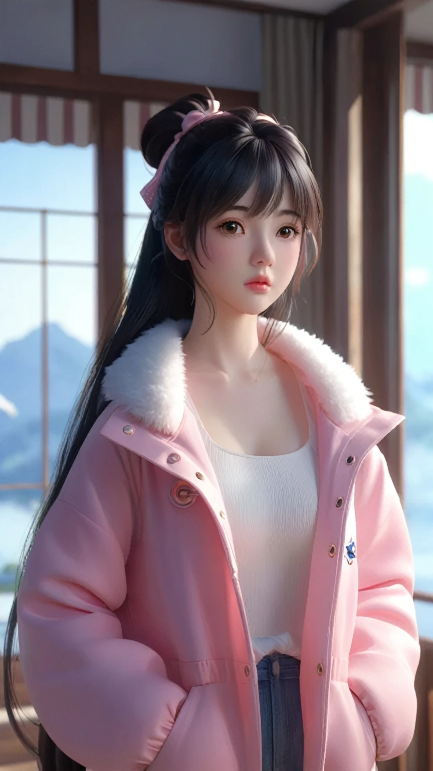 a close up of a person wearing a pink jacket and a pink hat, realistic anime 3 d style, 3 d anime realistic, trending on cgstation, realistic young anime girl, photorealistic anime girl render, anime styled 3d, photorealistic anime, artwork in the style of guweiz, realistic artstyle, anime style. 8k, realistic anime artstyle