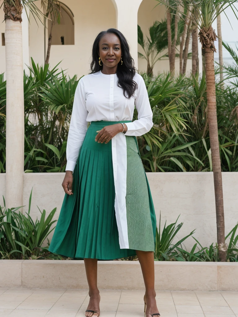 Zainab, 1girl, solo, ((Sudanese woman)), consistent face and body, ((MILF)), ((50 years old)), (mature), ((slim)), ((Sudanese face)), (Sudanese nose), (Sudanese lips), upper body and upper legs, (background: The Palm Jumeirah in Dubai), BREAK, (wearing stylish Generation Z modern wear and skirt)