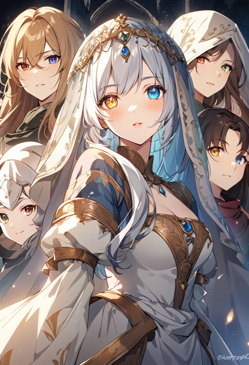sakimiChanStyle, Urop Style, Portraiture, Detailed painted face, Beautiful woman, Fuller lips, Opaque Veil, Medieval Veil, Head rail, 12th century, Eyes with heterochromia, Rainbow Eyes, Medieval costume, Brot, Lord of the Rings Gown, Near perfect, Beautiful anime style, Character Panorama, Beautiful and detailed face, Shining Shadow, Beautiful gradation, Depth of written boundary, Beautiful graphics, high quality, Attention to detail, High resolution, Luminous Studio Graphics Engine