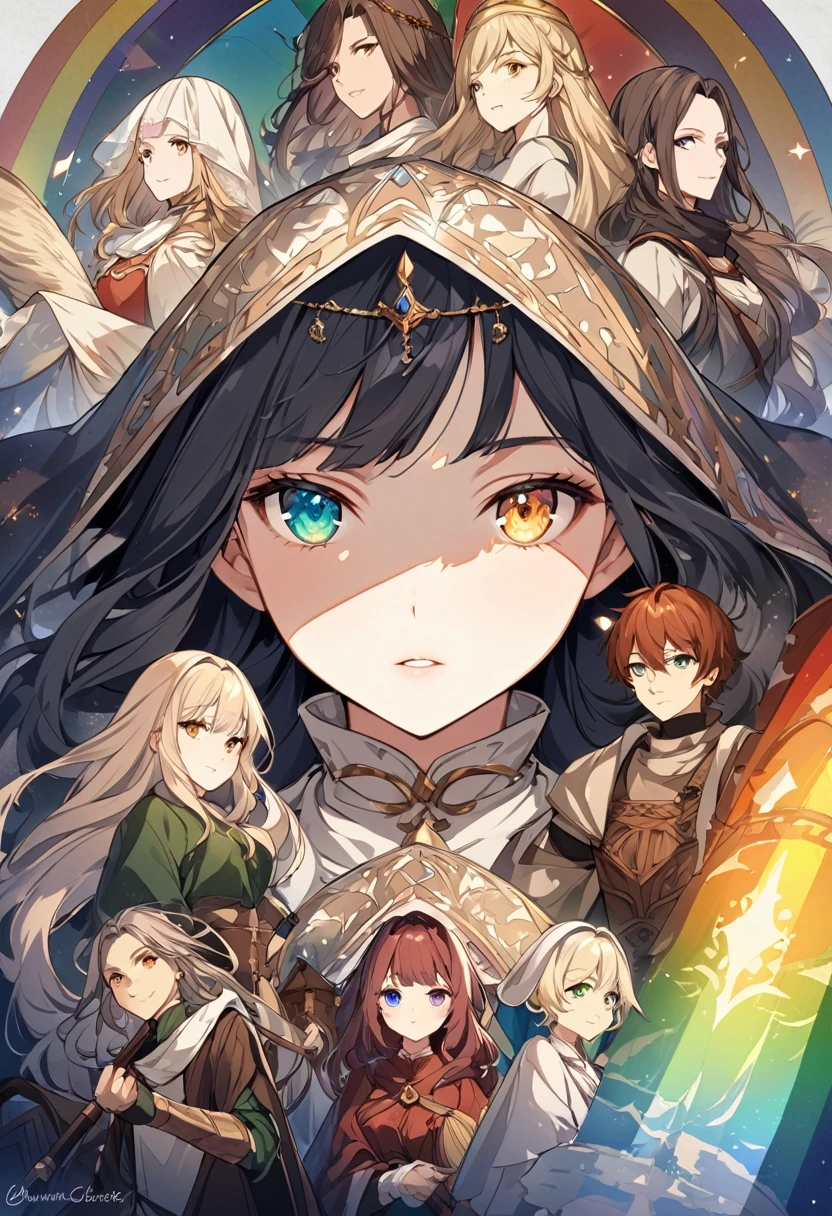 sakimiChanStyle, Urop Style, Portraiture, Detailed painted face, Beautiful woman, Fuller lips, Opaque Veil, Medieval Veil, Head rail, 12th century, Eyes with heterochromia, Rainbow Eyes, Medieval costume, Brot, Lord of the Rings Gown, Near perfect, Beautiful anime style, Character Panorama, Beautiful and detailed face, Shining Shadow, Beautiful gradation, Depth of written boundary, Beautiful graphics, high quality, Attention to detail, High resolution, Luminous Studio Graphics Engine 