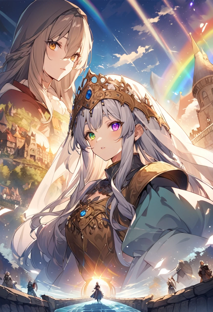 sakimiChanStyle, Urop Style, Portraiture, Detailed painted face, Beautiful woman, Fuller lips, Opaque Veil, Medieval Veil, Head rail, 12th century, Eyes with heterochromia, Rainbow Eyes, Medieval costume, Brot, Lord of the Rings Gown, Near perfect, Beautiful anime style, Character Panorama, Beautiful and detailed face, Shining Shadow, Beautiful gradation, Depth of written boundary, Beautiful graphics, high quality, Attention to detail, High resolution, Luminous Studio Graphics Engine