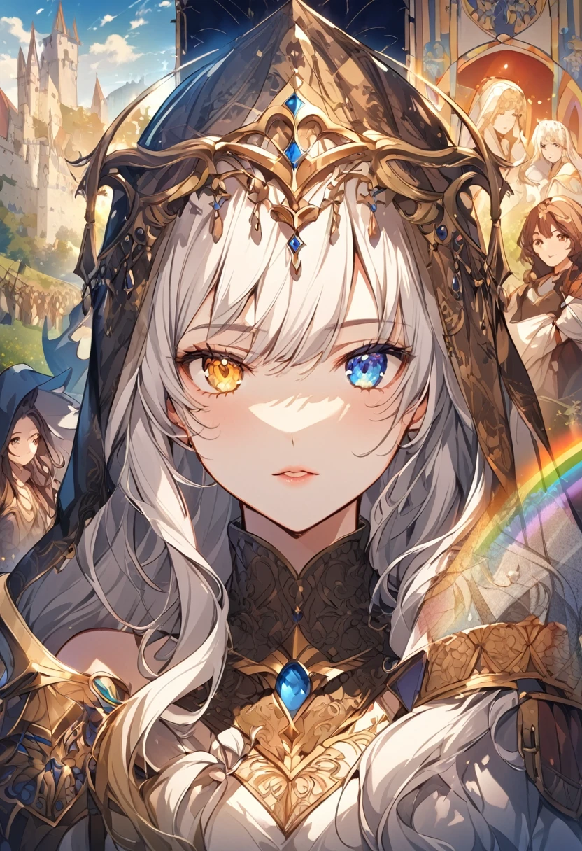 sakimiChanStyle, Urop Style, Portraiture, Detailed painted face, Beautiful woman, Fuller lips, Opaque Veil, Medieval Veil, Head rail, 12th century, Eyes with heterochromia, Rainbow Eyes, Medieval costume, Brot, Lord of the Rings Gown, Near perfect, Beautiful anime style, Character Panorama, Beautiful and detailed face, Shining Shadow, Beautiful gradation, Depth of written boundary, Beautiful graphics, high quality, Attention to detail, High resolution, Luminous Studio Graphics Engine