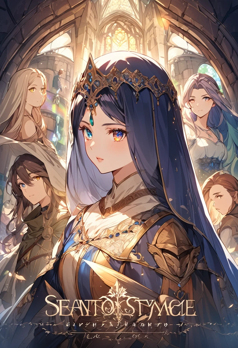sakimiChanStyle, Urop Style, Portraiture, Detailed painted face, Beautiful woman, Fuller lips, Opaque Veil, Medieval Veil, Head rail, 12th century, Eyes with heterochromia, Rainbow Eyes, Medieval costume, Brot, Lord of the Rings Gown, Near perfect, Beautiful anime style, Character Panorama, Beautiful and detailed face, Shining Shadow, Beautiful gradation, Depth of written boundary, Beautiful graphics, high quality, Attention to detail, High resolution, Luminous Studio Graphics Engine