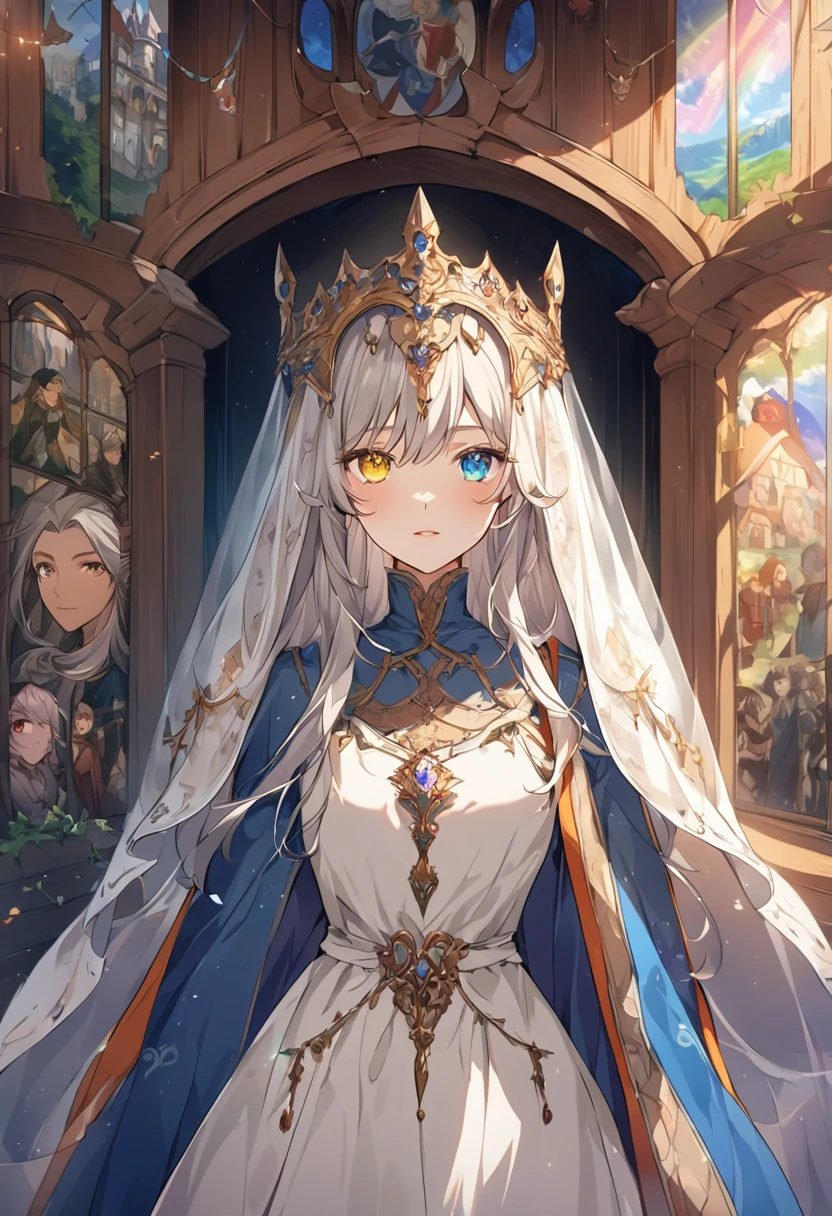 sakimiChanStyle, Urop Style, Portraiture, Detailed painted face, Beautiful woman, Fuller lips, Opaque Veil, Medieval Veil, Head rail, 12th century, Eyes with heterochromia, Rainbow Eyes, Medieval costume, Brot, Lord of the Rings Gown, Near perfect, Beautiful anime style, Character Panorama, Beautiful and detailed face, Shining Shadow, Beautiful gradation, Depth of written boundary, Beautiful graphics, high quality, Attention to detail, High resolution, Luminous Studio Graphics Engine