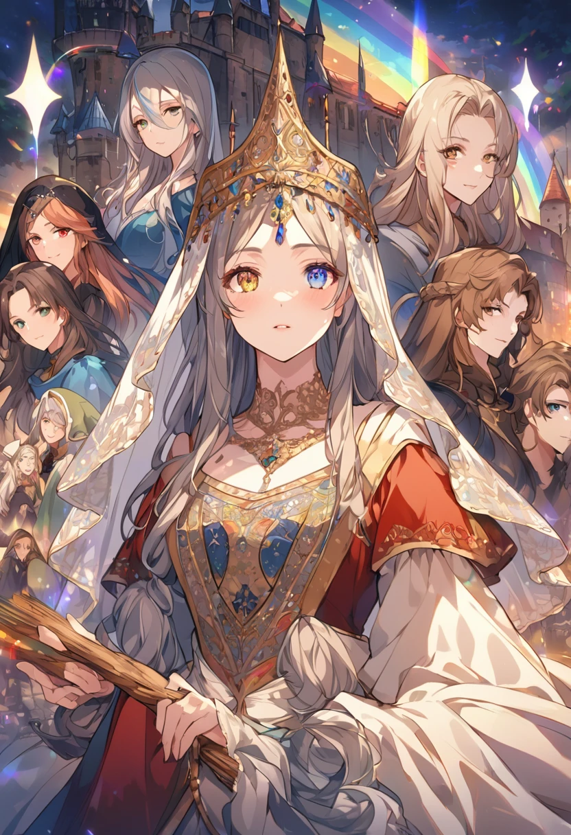 sakimiChanStyle, Urop Style, Portraiture, Detailed painted face, Beautiful woman, Fuller lips, Opaque Veil, Medieval Veil, Head rail, 12th century, Eyes with heterochromia, Rainbow Eyes, Medieval costume, Brot, Lord of the Rings Gown, Near perfect, Beautiful anime style, Character Panorama, Beautiful and detailed face, Shining Shadow, Beautiful gradation, Depth of written boundary, Beautiful graphics, high quality, Attention to detail, High resolution, Luminous Studio Graphics Engine 