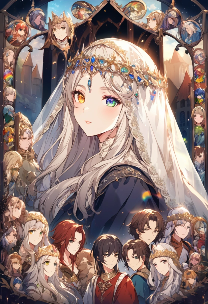 sakimiChanStyle, Urop Style, Portraiture, Detailed painted face, Beautiful woman, Fuller lips, Opaque Veil, Medieval Veil, Head rail, 12th century, Eyes with heterochromia, Rainbow Eyes, Medieval costume, Brot, Lord of the Rings Gown, Near perfect, Beautiful anime style, Character Panorama, Beautiful and detailed face, Shining Shadow, Beautiful gradation, Depth of written boundary, Beautiful graphics, high quality, Attention to detail, High resolution, Luminous Studio Graphics Engine