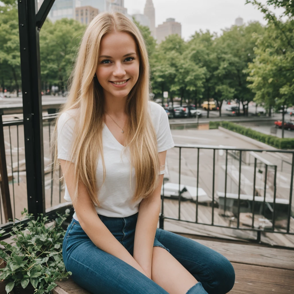 daneater, 1girl, solo, realistic, photorealistic, high quality picture, 8k, high resolution, detailed quality, film grain, natural photo, ultrarealistic, (((25-years-old woman))), Caucasian, (((Scandinavian Face))), (((Background: Nature))), (((Fit))), (((Long-Straight-Blonde Hair))), Smiling, Pose: sitting, she is enjoying the view on a viewdeck in new york city, a picture shot on a phone from 2015