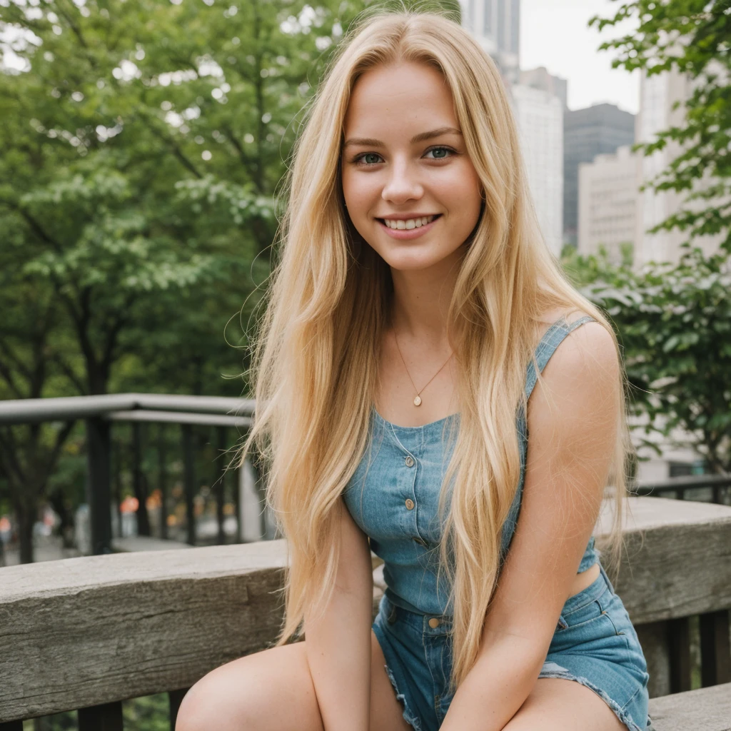 daneater, 1girl, solo, realistic, photorealistic, high quality picture, 8k, high resolution, detailed quality, film grain, natural photo, ultrarealistic, (((25-years-old woman))), Caucasian, (((Scandinavian Face))), (((Background: Nature))), (((Fit))), (((Long-Straight-Blonde Hair))), Smiling, Pose: sitting, she is enjoying the view on a viewdeck in new york city, a picture shot on a phone from 2015