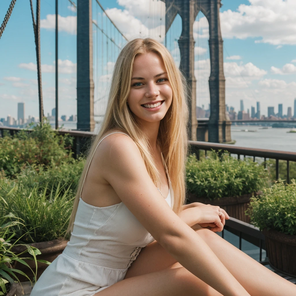 daneater, 1girl, solo, realistic, photorealistic, high quality picture, 8k, high resolution, detailed quality, film grain, natural photo, ultrarealistic, (((25-years-old woman))), Caucasian, (((Scandinavian Face))), (((Background: Nature))), (((Fit))), (((Long-Straight-Blonde Hair))), Smiling, Pose: sitting, she is enjoying the view on a viewdeck in new york city, a picture shot on a phone from 2015