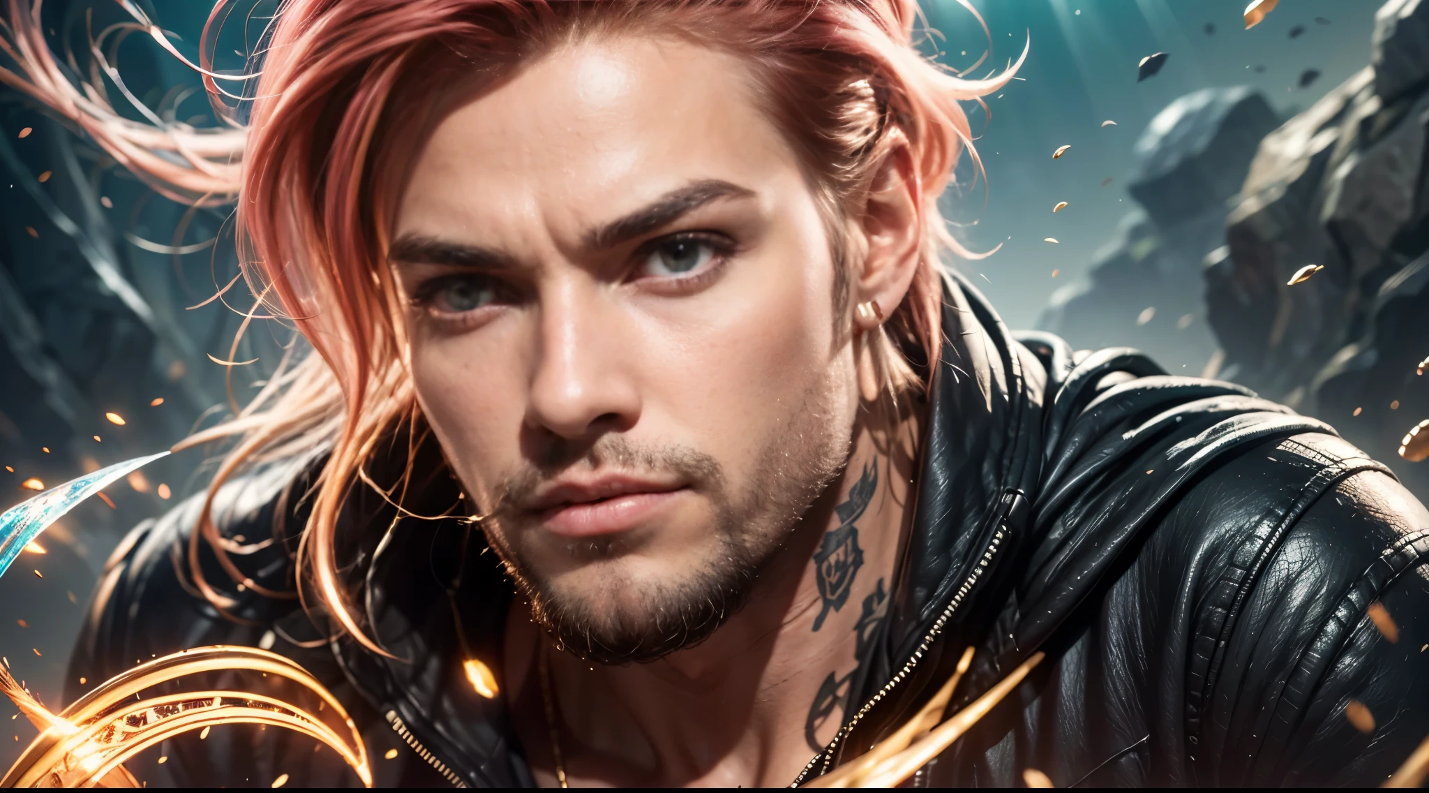 A strong man, short pink hair, short beard, has orange eyes, is underwater, has tattoos all in shades of black, has a golden trident, realistic drawing style, focus on the face