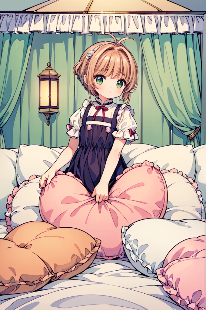 （masterpiece，best quality，best quality, masterpiece），Mine, , , (适合任何Pillow背景的光影））, 穿着公主裙的可爱女孩在Pillow上摆姿势 ，，,（很多Pillow），Soft cushion，，，，很多Pillow，，，（Pillow），（A tail），，（充满细节的Pillow），（Around the protagonist），steam，，（Pillow），（palace），（palace殿卧室），（Pillow），柔软的Pillow，，（Classical European style bedroom ），（excited，shy person，Lack of expressiveness，），，, ((Maximum resolution)), artwork, ，,,(Interior of the palace),,(Deluxe Rococo Canopy King Bed),Luxurious curtains with ornate ruffles and ribbons hang around the large bed.,((((床上堆满了许多Pillow)))),Quilt details,Detailed bed linen,Ruffled Bed Skirt,Deep Bed,Background with depth,((详细的Pillow)), ((((大量的Pillow))))，,，详细的软Pillow,,((女孩正躺在许多柔软的Pillow上,周围有许多Pillow))，。Many small feathers fluttering、 Long nightgown with ruffles and ribbons、In a huge, Large canopy bed、Soft pink sheets and quilt、色彩鲜艳的柔软Pillow、很多带褶边的Pillow和带褶边的床裙、Soft toned bed、Ruffled curtains around the bed.。Delicate face。Background with depth,Sakura Kinomoto,(Sakura Kinomoto, 1 Girl, Brown hair, short hair, Antenna hair, , Green Eyes),pillow hump,hump