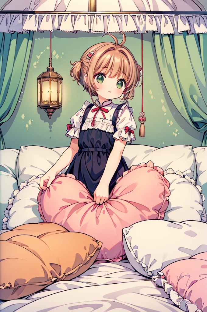 (masterpiece,best quality,best quality, masterpiece),Mine, , , (适合任何Pillow背景的光影)), 穿着公主裙的可爱女孩在Pillow上摆姿势 ,,,(很多Pillow),Soft cushion,,,,很多Pillow,,,(Pillow),(A tail),,(充满细节的Pillow),(Around the protagonist),steam,,(Pillow),(palace),(palace殿卧室),(Pillow),柔软的Pillow,,(Classical European style bedroom ),(excited,shy person,Lack of expressiveness,),,, ((Maximum resolution)), artwork, ,,,(Interior of the palace),,(Deluxe Rococo Canopy King Bed),Luxurious curtains with ornate ruffles and ribbons hang around the large bed.,((((床上堆满了许多Pillow)))),Quilt details,Detailed bed linen,Ruffled Bed Skirt,Deep Bed,Background with depth,((详细的Pillow)), ((((大量的Pillow)))),,,详细的软Pillow,,((女孩正躺在许多柔软的Pillow上,周围有许多Pillow)),。Many small feathers fluttering、 Long nightgown with ruffles and ribbons、In a huge, Large canopy bed、Soft pink sheets and quilt、色彩鲜艳的柔软Pillow、很多带褶边的Pillow和带褶边的床裙、Soft toned bed、Ruffled curtains around the bed.。Delicate face。Background with depth,Sakura Kinomoto,(Sakura Kinomoto, 1 Girl, Brown hair, short hair, Antenna hair, , Green Eyes),pillow hump,hump
