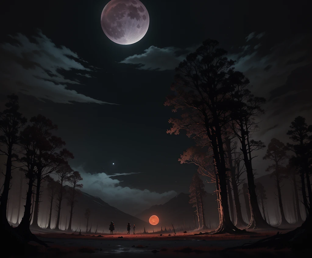 (by Greg Rutkowski: 1.2), (masterpiece), (best quality), illustration, (dark fantasy landscape), night, dead trees, mist, dark climate, cloudy moon sky, reddish moon light (two moons in sky, 1 blue moon and 1 little red moon). spooky atmosphere surrounded with blood slops. A sense of dark and horror fills the air, inviting exploration and discovery, depth of field, HDR, intricate, delicate. view from below, floor pov.