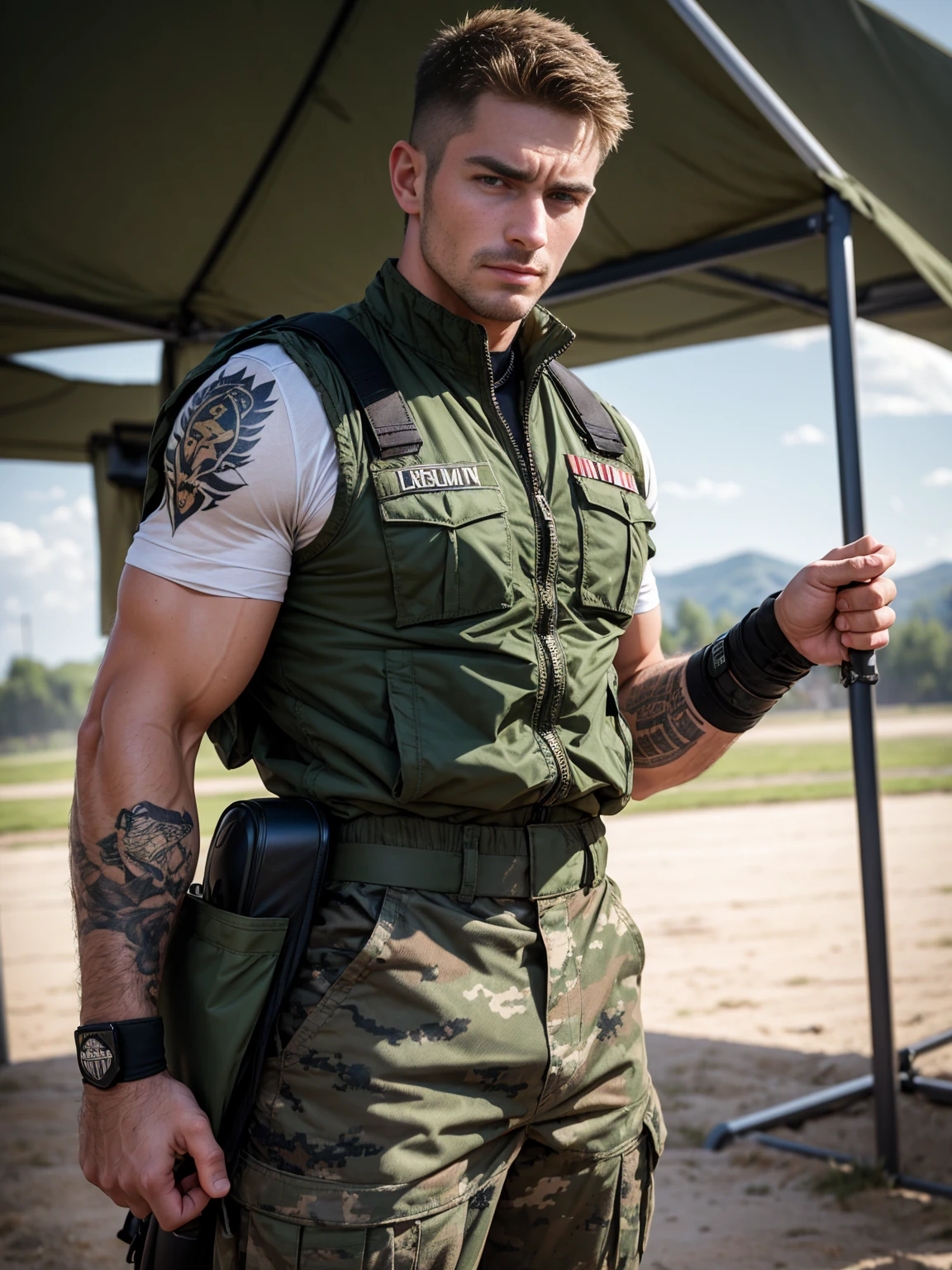 Main content: A handsome and charming mature man with a clear face and deep and sharp eyes. Wearing army camouflage trousers shows the tough temperament of soldiers, and the color and pattern of camouflage trousers are real and natural. Wear a black vest, highlighting the strong muscle lines. There are delicate and unique tattoo patterns on the arms or shoulders, such as an eagle or some symbol of strength. Environmental background: Set in the army training base, with neatly arranged military equipment, tents, etc. The ground is rough soil, surrounded by some green vegetation. There can be other soldiers in the background for training activities. Atmosphere and emotion: Create a firm, strong and powerful atmosphere. It conveys the sense of mission and majesty of soldiers. Light effect: Strong sunlight shines directly from the top of the head, forming obvious shadows and highlights on mature men. The light illuminates the tattoo to make it more eye-catching. Color matching: take the green, brown, etc. of camouflage trousers as the main colors, and match the military green vest. The color of the tattoo is bright and prominent. Perspective and perspective: shooting from a low angle, highlighting the height and majesty of mature men. Or use a side perspective to show the posture and tattoo of a mature man. Composition layout: With mature men as the center, military equipment and other elements are reasonably distributed around. Use lines to guide the audience's attention to mature men. Artistic style: Choose a realistic style, emphasizing realism and details. Or with a little tough documentary style. Camera setup simulation: Use high-quality cameras to ensure clear and sharp images. Large aperture to highlight the subject and blur the background. Image quality attention: Pay attention to the facial expressions and body details of mature men. The texture and texture of camouflage trousers should be clear. The lines and colors of the tattoo should not be blurred.