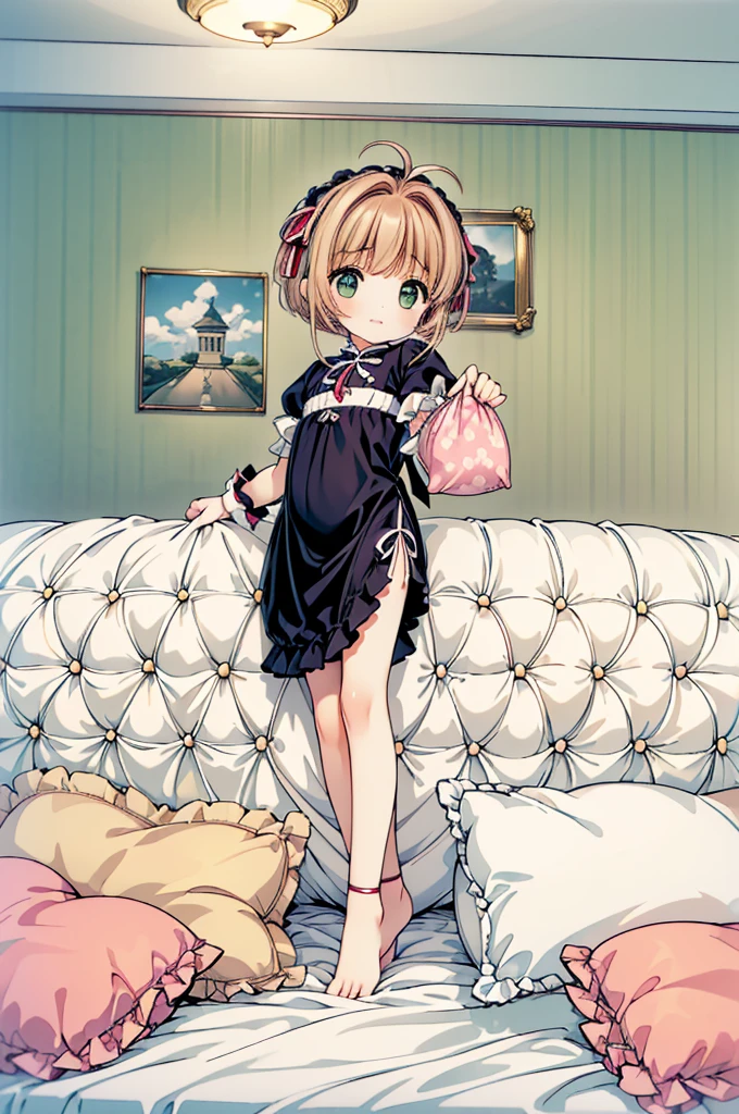 (masterpiece,best quality,best quality, masterpiece),Mine, , , (适合任何Pillow背景的光影)), 穿着公主裙的可爱女孩在Pillow上摆姿势 ,,,(很多Pillow),Soft cushion,,,,很多Pillow,,,(Pillow),(A tail),,(充满细节的Pillow),(Around the protagonist),steam,,(Pillow),(palace),(palace殿卧室),(Pillow),柔软的Pillow,,(Classical European style bedroom ),(excited,shy person,Lack of expressiveness,),,, ((Maximum resolution)), artwork, ,,,(Interior of the palace),,(Deluxe Rococo Canopy King Bed),Luxurious curtains with ornate ruffles and ribbons hang around the large bed.,((((床上堆满了许多Pillow)))),Quilt details,Detailed bed linen,Ruffled Bed Skirt,Deep Bed,Background with depth,((详细的Pillow)), ((((大量的Pillow)))),,,详细的软Pillow,,((女孩正躺在许多柔软的Pillow上,周围有许多Pillow)),。Many small feathers fluttering、 Long nightgown with ruffles and ribbons、In a huge, Large canopy bed、Soft pink sheets and quilt、色彩鲜艳的柔软Pillow、很多带褶边的Pillow和带褶边的床裙、Soft toned bed、Ruffled curtains around the bed.。Delicate face。Background with depth,Sakura Kinomoto,(Sakura Kinomoto, 1 Girl, Brown hair, short hair, Antenna hair, , Green Eyes),pillow hump,hump