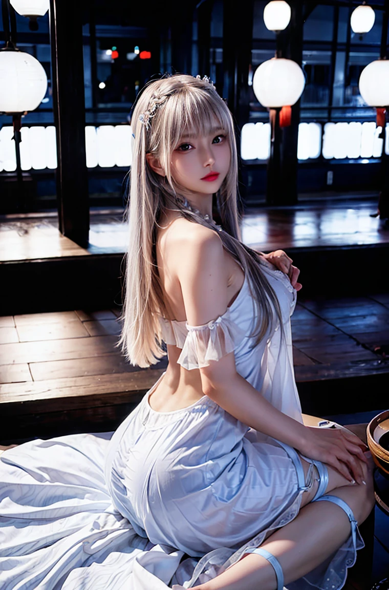 masterpiece, 1 beautiful girl, Delicate eyes, Purebred face_v1, Top quality, Ultra high resolution, (Reality: 1.4), Japanese, Korean, very beautiful, Beautiful skin, slim, (超Reality), (high resolution), (8K), (Very detailed), Delicate face, Bright Lights, Professional lighting, Looking at the audience, Face straight ahead, White backless see-through dress,big nipples, Platinum Hair, Long hair, Mixing long hair with braids, Bangs,hair accessories,