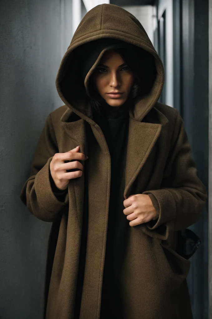 woman in a coat and hood, she is beautiful but she is also terrifying because she hides in the shadows