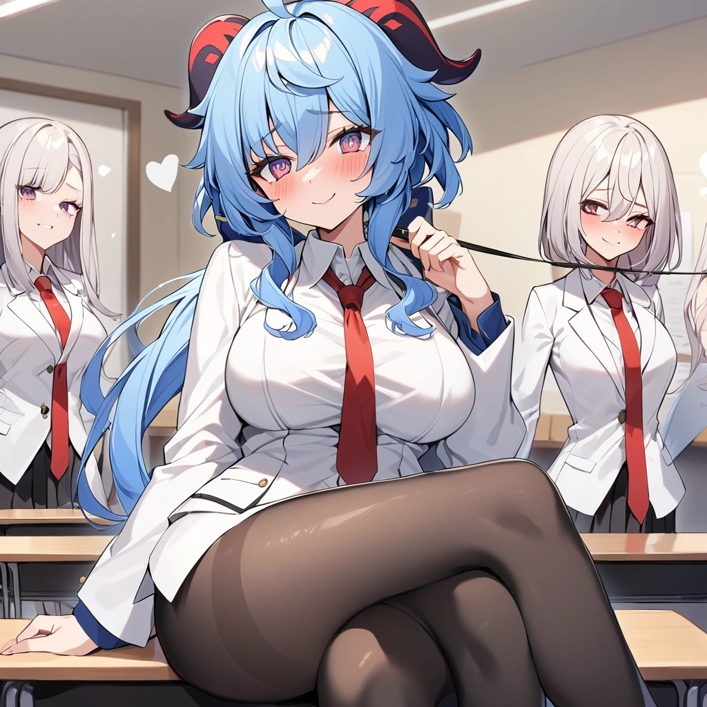 score_9,score_8_up,score_7_up,Ganyu,sitting on desk, desk on background,crossed legs,silver heels,black pantyhose,golden lines on pantyhose,white shirt,white jacket,red tie,student,carrying leash,seductive pose,seductive expression,pleasure face,happy,detailed eyes,heart shaped pupils,classmates on background,horny,blush on face,strict expression,mocking smile,dildo on desk,luxury student clothing,luxury girl,rich girl,luxury clothing,large_breasts