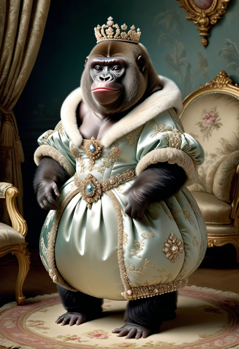 photorealistic portrait of Dressed animals - a ((fat)) (gorilla) princess, (furry),(full body image:1.5),(elegant pose:1.5) Wearing luxury sack-back gown,(wearing luxury tiara),(hands on hips:1.5),(happy),(smile:1.5), Old-fashioned luxury loyal  dress, detailed and opulent description of a loyal aristocratic sack-back gown in Rococo , emphasizing luxurious fabrics, intricate embroidery, and ornate accessories, Rococo style king palace  background,(looking at viewer:1.5),score_9, score_8_up, score_7_up, score_6_up, score_5_up, score_4_up,