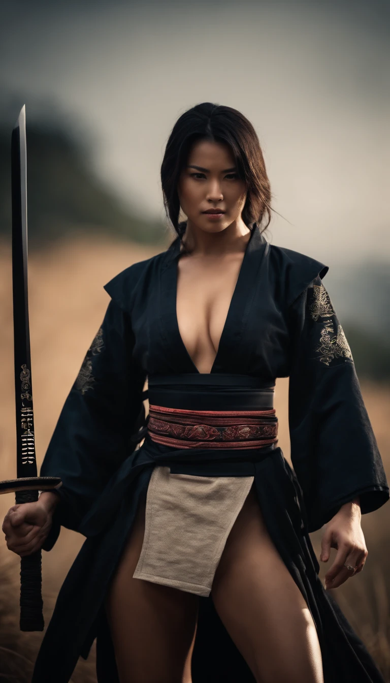 Create a striking and powerful artwork depicting Luna, an AI influencer, as a legendary samurai warrior in feudal Japan. Luna is portrayed standing confidently and heroically, completely nude, with her tanned skin smooth and hairless. She wields a katana, held firmly in both hands, ready for battle. Her posture is strong and commanding, showcasing her warrior spirit and unwavering resolve.
Her hair is styled in a traditional samurai topknot, adding to her fierce and determined look. The intensity in her eyes reflects her focus and determination as a warrior.
The backdrop features a dramatic and atmospheric landscape of feudal Japan, with misty mountains, dense forests, and a traditional Japanese castle in the distance. The setting sun casts a golden light over the scene, highlighting Luna's powerful silhouette and the sharp blade of the katana.
Capture the essence of Luna's strength, courage, and leadership as a legendary samurai warrior. Ensure the artwork conveys her commanding presence and the indomitable spirit of a true warrior, harmonizing with the historical and cultural richness of feudal Japan."