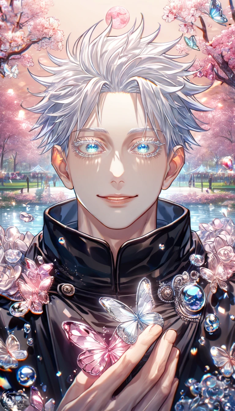 absurdres, highres, ultra detailed, HDR, master piece, best quality, extremely detailed face, delicated features, Gojou Satoru, white hair, expressive blue eyes, white eyelashes, Jujutsu Kaisen, solo, sexy man, handsome, smile, black coat with fur, fantasy, magical, pink glass butterflies, pink glass flowers, water, pink glass blossoms, pink glass moon, park