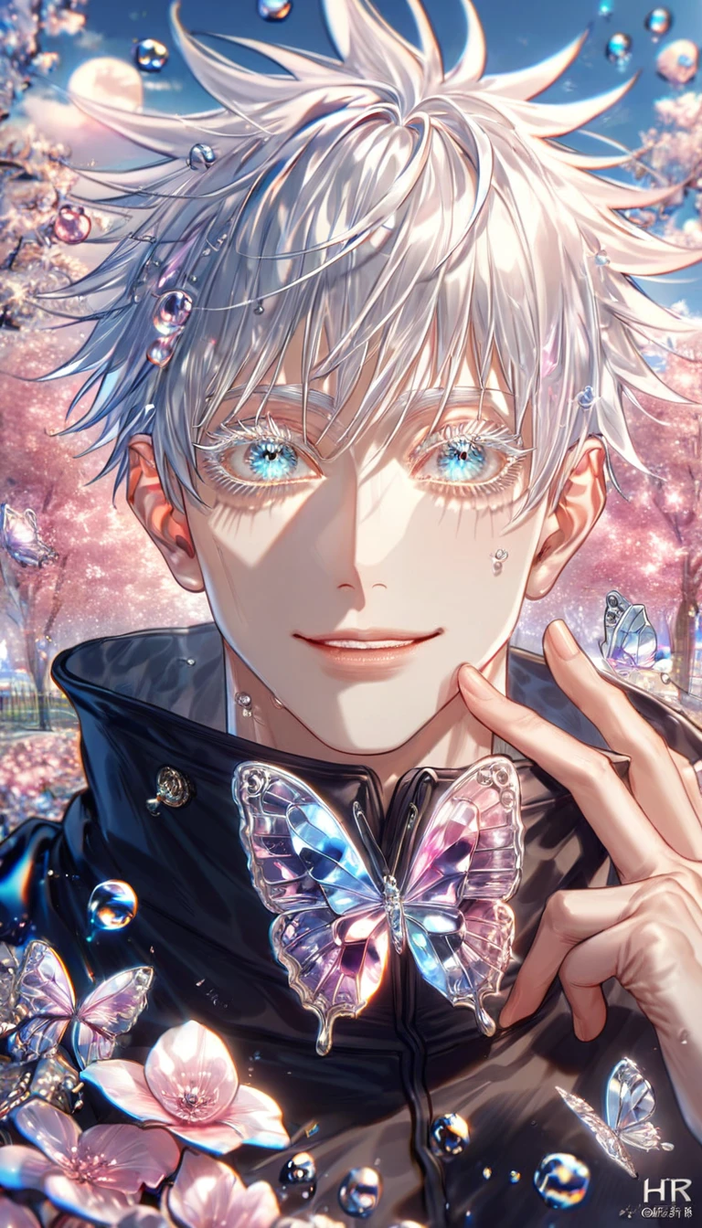 absurdres, highres, ultra detailed, HDR, master piece, best quality, extremely detailed face, delicated features, Gojou Satoru, white hair, expressive blue eyes, white eyelashes, Jujutsu Kaisen, solo, sexy man, handsome, smile, black coat with fur, fantasy, magical, pink glass butterflies, pink glass flowers, water, pink glass blossoms, pink glass moon, park