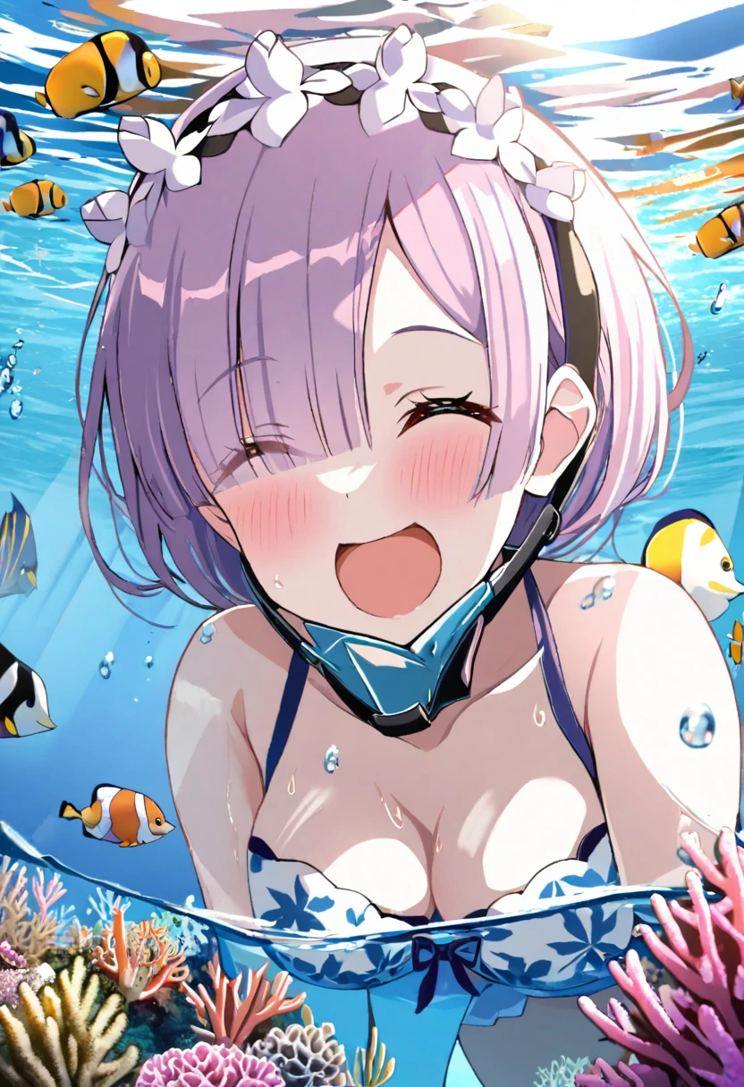 1girl, rem (re:zero), re:zero kara hajimeru isekai seikatsu, flower pattern bikii,bandeau bikini, snorkeling gear, standing in shallow water, tropical fish swimming nearby, coral reef visible, bright sunlight reflecting on water surface, excited expression, masterpiece, best quality, absurdres
