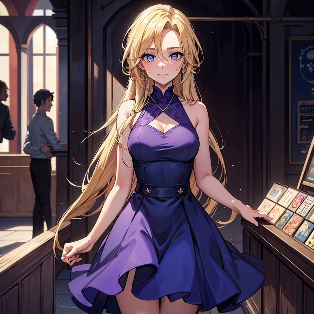 1 girl, breasts big, hourglass-body, gazing at viewer, high resolution, blue colored eyes, Laughter, hair blonde, very long hair, hair slicked back, Hair over the shoulder, loose hair, flushed, Laughter, make up, slightly-smile, excited face, anime styling, short purple sleeveless dress, necklace with small blue pigment, fully body, background dentro do shopping, many people, during daytime, clear lighting