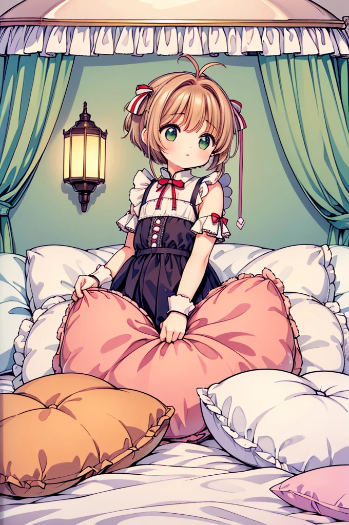 (masterpiece,best quality,best quality, masterpiece),Mine, , , (适合任何Pillow背景的光影)), 穿着公主裙的可爱女孩在Pillow上摆姿势 ,,,(很多Pillow),Soft cushion,,,,很多Pillow,,,(Pillow),(A tail),,(充满细节的Pillow),(Around the protagonist),steam,,(Pillow),(palace),(palace殿卧室),(Pillow),柔软的Pillow,,(Classical European style bedroom ),(excited,shy person,Lack of expressiveness,),,, ((Maximum resolution)), artwork, ,,,(Interior of the palace),,(Deluxe Rococo Canopy King Bed),Luxurious curtains with ornate ruffles and ribbons hang around the large bed.,((((床上堆满了许多Pillow)))),Quilt details,Detailed bed linen,Ruffled Bed Skirt,Deep Bed,Background with depth,((详细的Pillow)), ((((大量的Pillow)))),,,详细的软Pillow,,((女孩正躺在许多柔软的Pillow上,周围有许多Pillow)),。Many small feathers fluttering、 Long nightgown with ruffles and ribbons、In a huge, Large canopy bed、Soft pink sheets and quilt、色彩鲜艳的柔软Pillow、很多带褶边的Pillow和带褶边的床裙、Soft toned bed、Ruffled curtains around the bed.。Delicate face。Background with depth,Sakura Kinomoto,(Sakura Kinomoto, 1 Girl, Brown hair, short hair, Antenna hair, , Green Eyes),pillow hump,hump