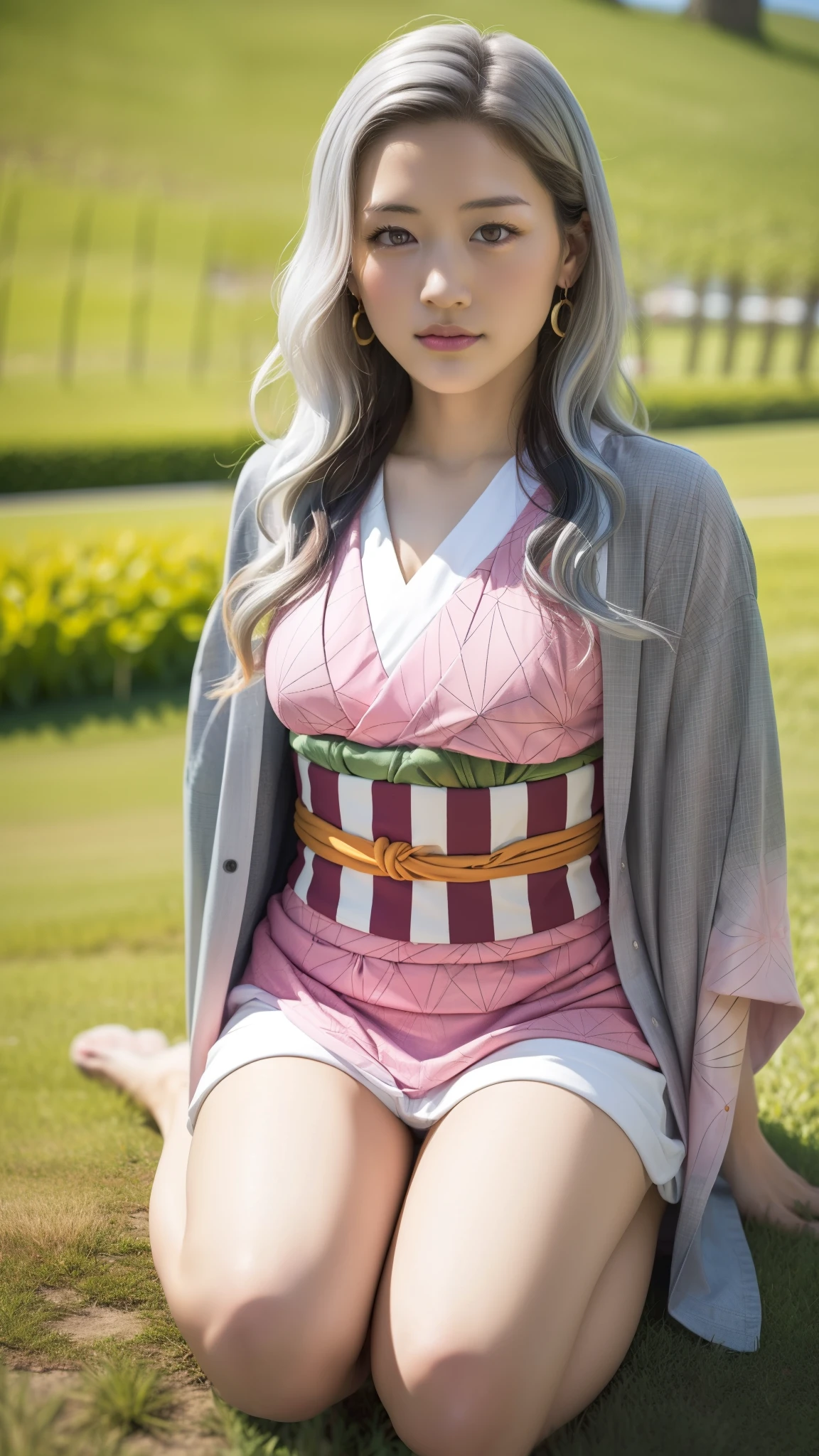 Cute Japanese female, (16 years old), (very cute face), white moist skin, looking at camera, melancholy expression, (pink bright eyes: 1.4),
BREAK,
Idol, (very beautiful berserker female: 1.3),
BREAK,
(wearing pink cute kimono: 1.3), (highly revealing kimono), very large earrings, short length, (has black grass tattoo on body: 1.3),
BREAK,
(long hair), (light gray hair: 1.4), (wavy hair), (gradient hair: 1.3), (red tips: 1.3),
BREAK,
(realistic: 1.3), masterpiece, perfect lighting, (ultra-high resolution), (8K), (highly detailed: 1.4), (from the front), (full body: 1.4), (symmetrical: 1.2), (one shot),
BREAK,
(Shibuya, Japan: 1.2),