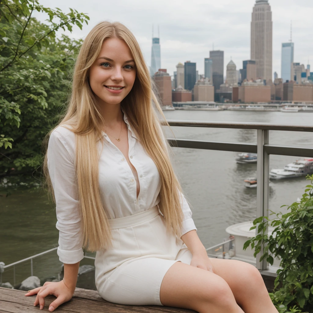 daneater, 1girl, solo, realistic, photorealistic, high quality picture, 8k, high resolution, detailed quality, film grain, natural photo, ultrarealistic, (((25-years-old woman))), Caucasian, (((Scandinavian Face))), (((Background: Nature))), (((Fit))), (((Long-Straight-Blonde Hair))), Smiling, Pose: sitting, she is enjoying the view on a viewdeck in new york city, a picture shot on a phone from 2015