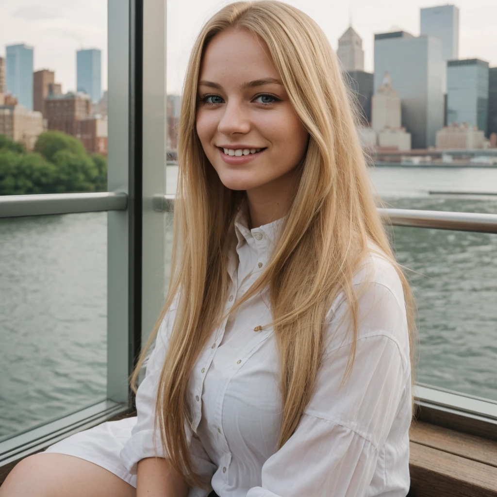 daneater, 1girl, solo, realistic, photorealistic, high quality picture, 8k, high resolution, detailed quality, film grain, natural photo, ultrarealistic, (((25-years-old woman))), Caucasian, (((Scandinavian Face))), (((Background: Nature))), (((Fit))), (((Long-Straight-Blonde Hair))), Smiling, Pose: sitting, she is enjoying the view on a viewdeck in new york city, a picture shot on a phone from 2015