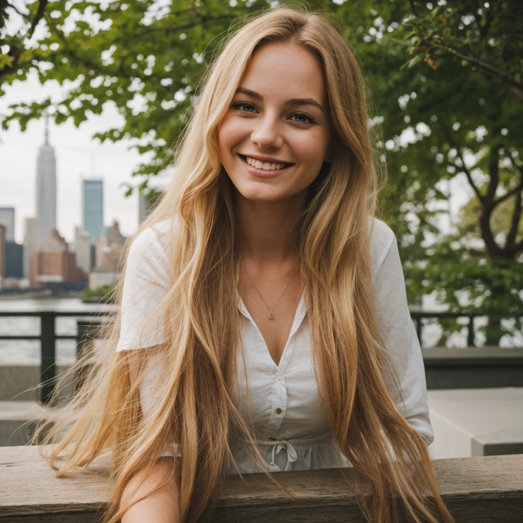 daneater, 1girl, solo, realistic, photorealistic, high quality picture, 8k, high resolution, detailed quality, film grain, natural photo, ultrarealistic, (((25-years-old woman))), Caucasian, (((Scandinavian Face))), (((Background: Nature))), (((Fit))), (((Long-Straight-Blonde Hair))), Smiling, Pose: sitting, she is enjoying the view on a viewdeck in new york city, a picture shot on a phone from 2015