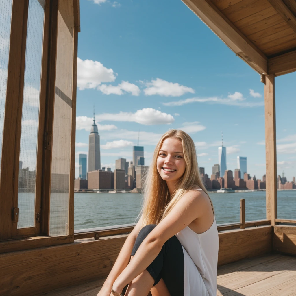 daneater, 1girl, solo, realistic, photorealistic, high quality picture, 8k, high resolution, detailed quality, film grain, natural photo, ultrarealistic, (((25-years-old woman))), Caucasian, (((Scandinavian Face))), (((Background: Nature))), (((Fit))), (((Long-Straight-Blonde Hair))), Smiling, Pose: sitting, she is enjoying the view on a viewdeck in new york city, a picture shot on a phone from 2015