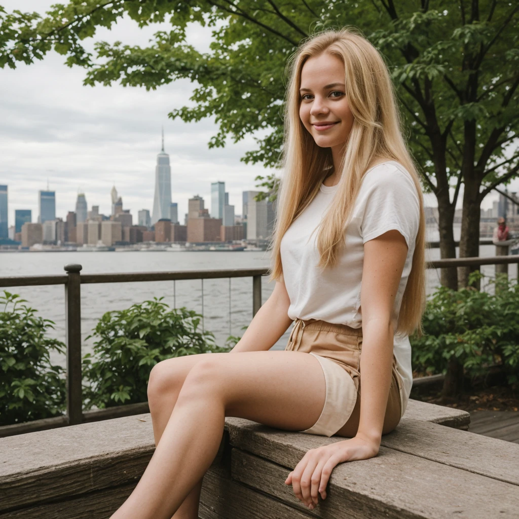 daneater, 1girl, solo, realistic, photorealistic, high quality picture, 8k, high resolution, detailed quality, film grain, natural photo, ultrarealistic, (((25-years-old woman))), Caucasian, (((Scandinavian Face))), (((Background: Nature))), (((Fit))), (((Long-Straight-Blonde Hair))), Smiling, Pose: sitting, she is enjoying the view on a viewdeck in new york city, a picture shot on a phone from 2015