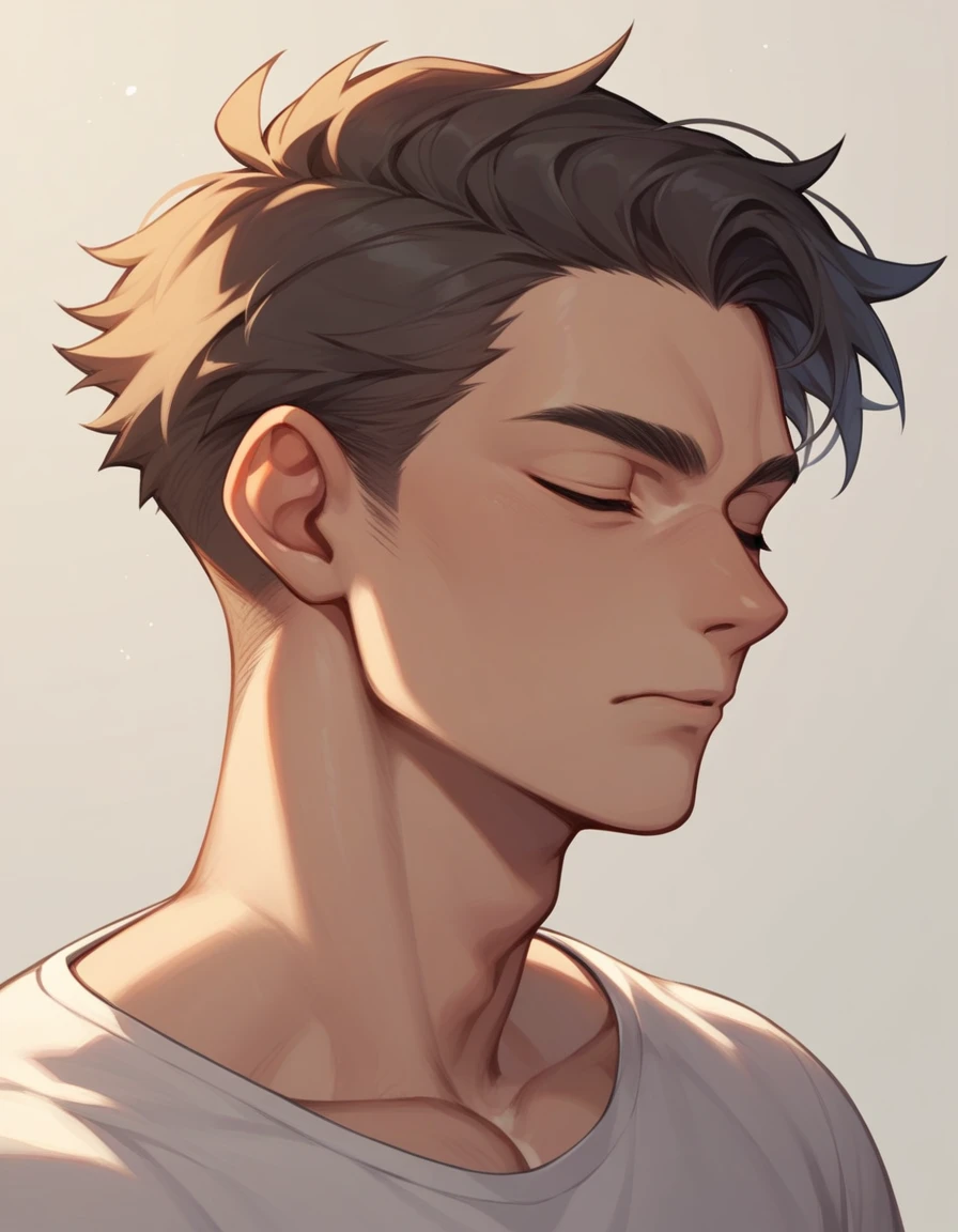 Boy looking sideways, head slightly tilted,  closed eyes, hair back 