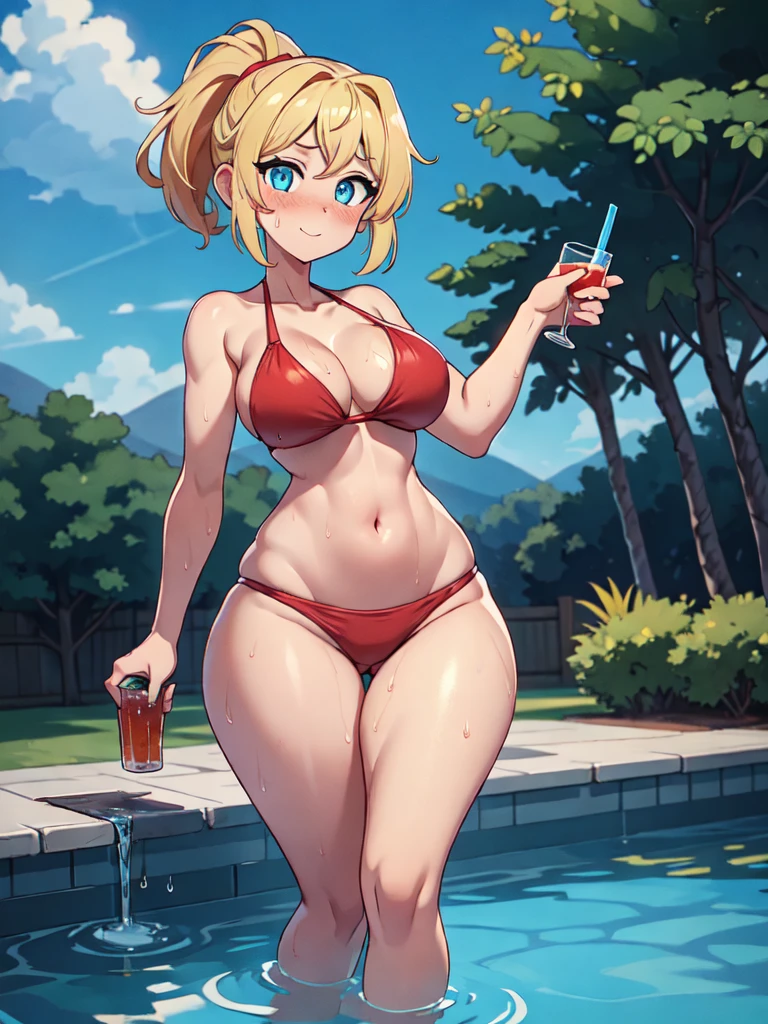 ((Masterpiece)), perfect anatomy, perfect shading, field of depth, (best quality), extremely delicate and beautiful, perfect lighting, detailed face, ultra cute face, cute, looking at viewer (((1girl))), (((solo))), Blonde hair, short hair, ponytail, wet, blue eyes, (blushing), happy, red bikini, (thick thighs), (wide hips), curvy, skinny, standing, pool side, backyard, outside, holding drink
