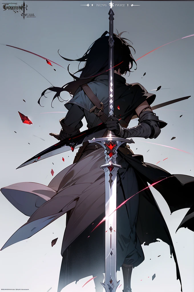 concept art of Two fantasy greatswords made out of ebony iron, the one on the right is thicker, the one on the left is has three red magic crystals, weapon anime sheet, several points of view, dark fantasy, evil great sword, weapons from granblue fantasy, white background, anime style