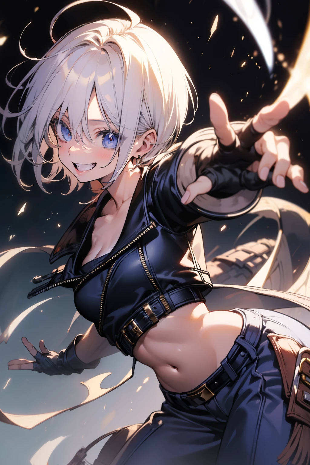 (masterpiece), best quality, expressive eyes, perfect face, highres, 1girl, solo, angelms, white hair, jacket, ahoge, fingerless gloves, midriff, hands to hips, leaning forward, smiling, fanstasy background, particles, magic, standing,cowboy shot, looking at the viewer, from front