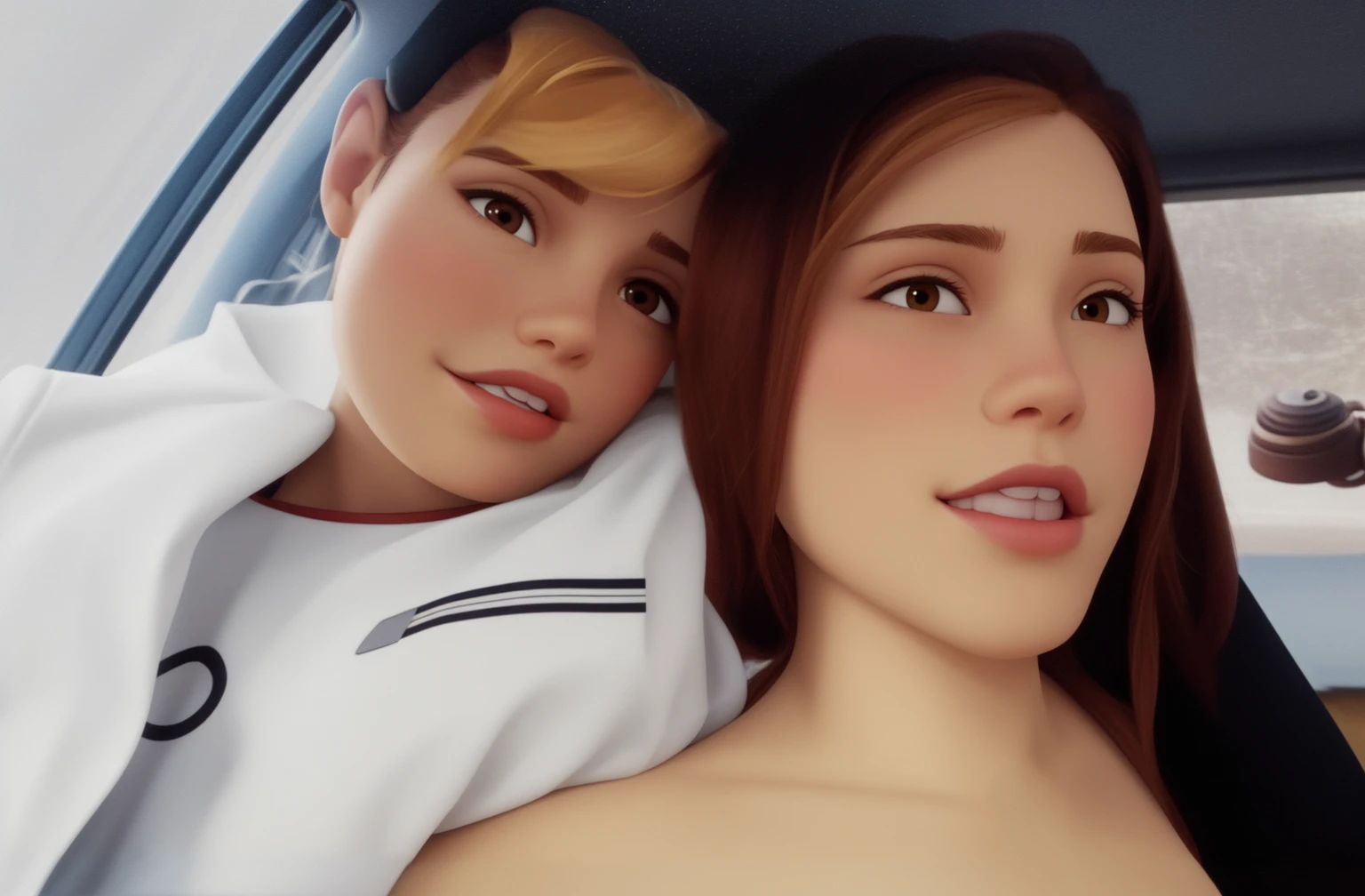 A blond-haired and light-skinned woman dressed red with her brown-haired baby with white shirt and suspenders. Estilo Disney pixar alta qualidade melhor qualidade