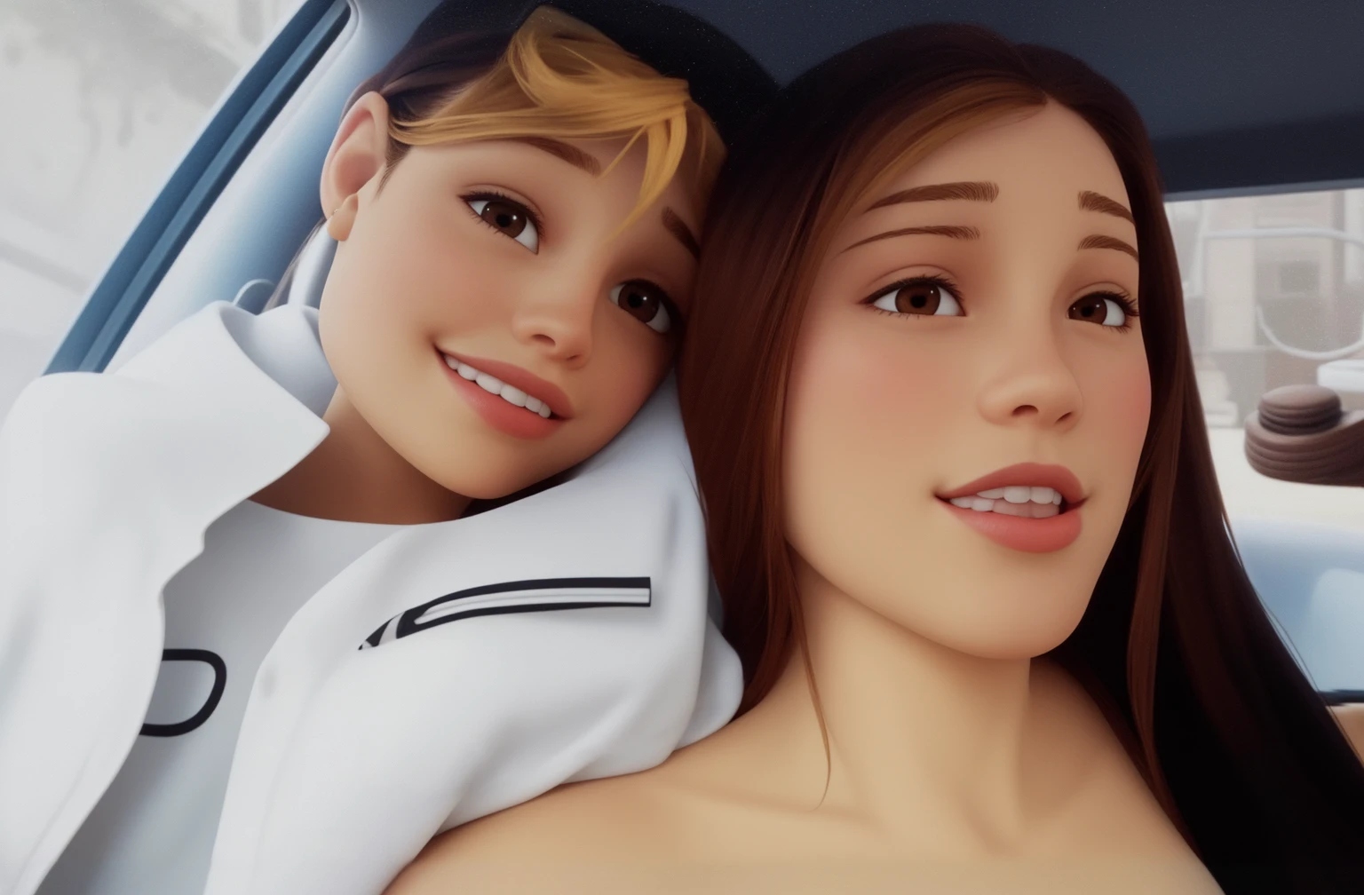 A blond-haired and light-skinned woman dressed red with her brown-haired baby with white shirt and suspenders. Estilo Disney pixar alta qualidade melhor qualidade